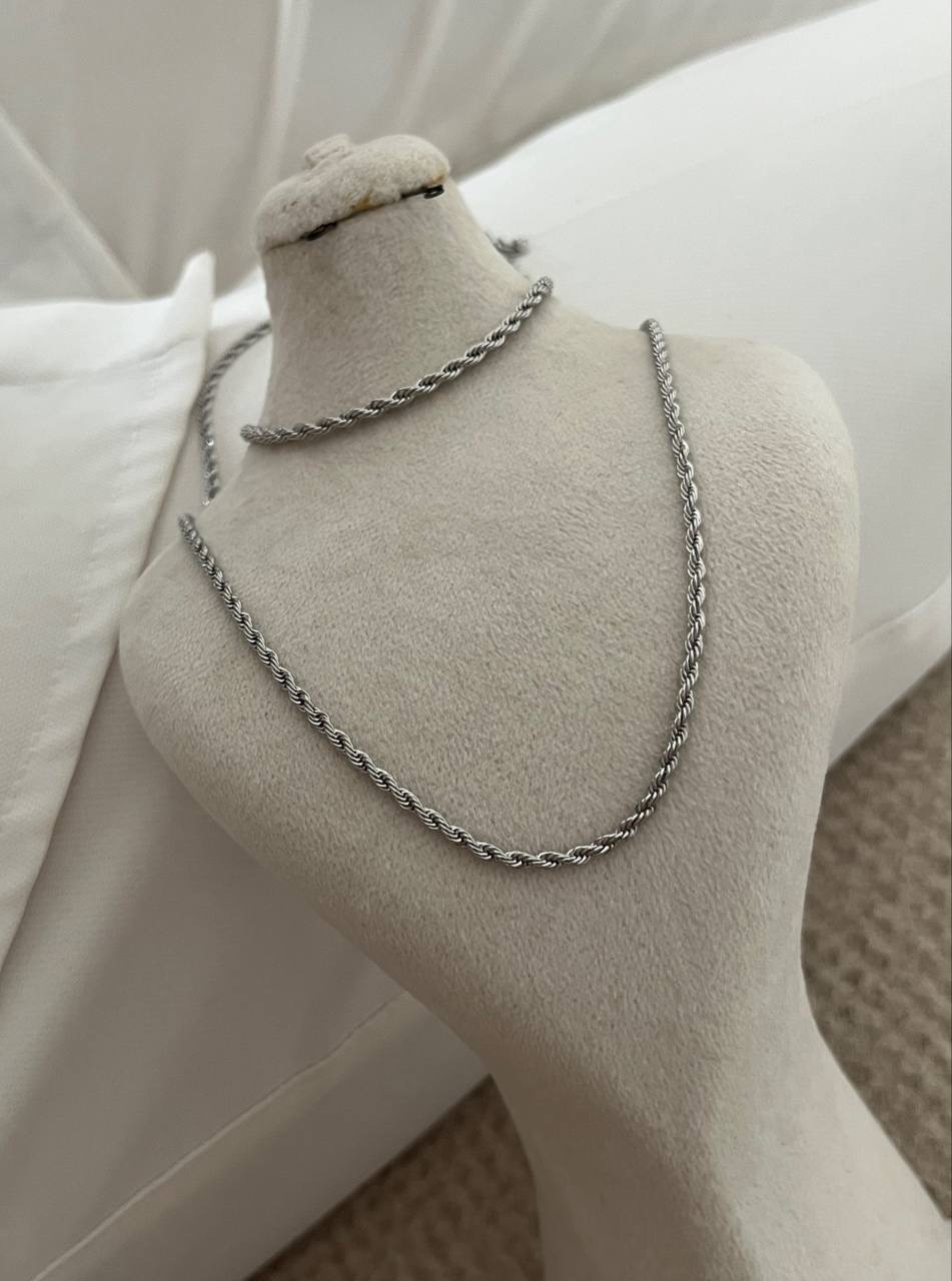 ست دستبندگردنبندطنابی سیلور دخترانه استیل و ضداب