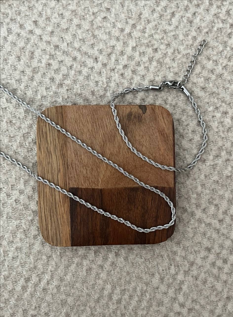 ست دستبندگردنبندطنابی سیلور دخترانه استیل و ضداب