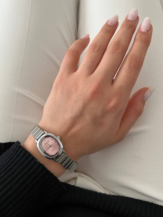 ساعت صفحه ریز بند استیل صفحه صورتی دخترانه